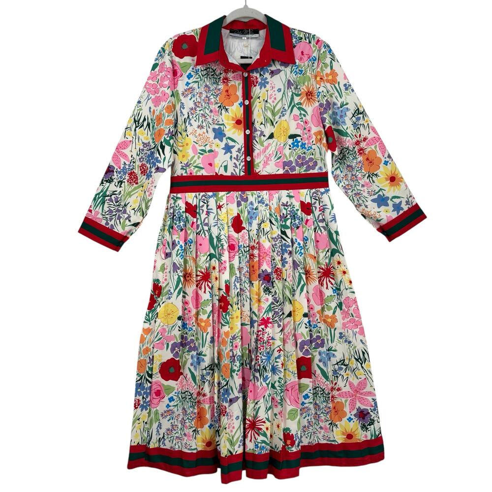 Dalia Macphee Floral Dress‎ L Floral Pleated Long NWT Garden Party Prep Preppy